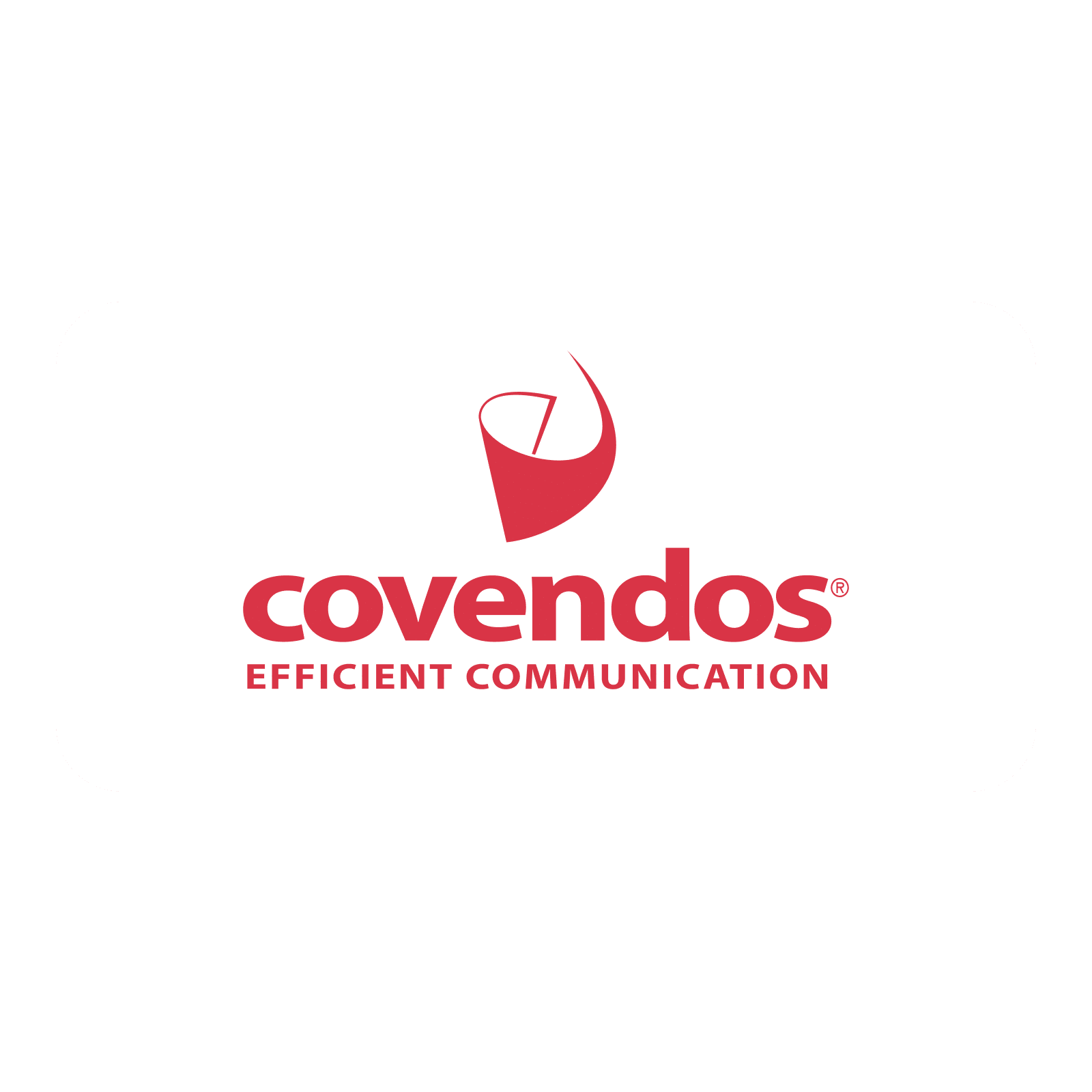 Dieses Bild zeigt das Logo von Covendos in roter Schrift mit rotem, stilisiertem Sprechbecher‑Symbol und dem Zusatz Efficient Communication. DiGA Entwicklung Pharma Companion Apps und Digital Therapeutics (DTx)