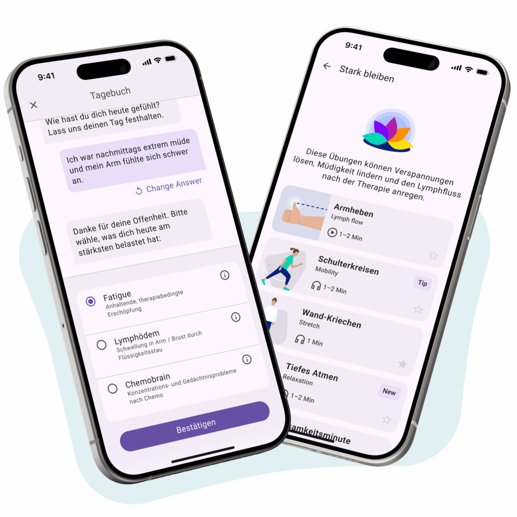 Dieses Bild zeigt zwei sich leicht überlappende Smartphones mit App‑Oberflächen für Tagebuch‑Einträge und Therapieübungen vor hellem Hintergrund als Symbol für Companion Apps als Brücke zwischen Therapie, Patient:innen und Real‑World‑Data‑Erhebung DiGA Entwicklung Pharma Companion Apps und Digital Therapeutics (DTx)