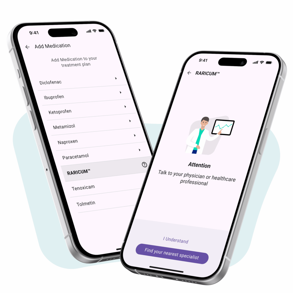 Dieses Bild zeigt zwei leicht überlappende Smartphones mit App‑Oberflächen zur Medikamentenauswahl und einer Warnmeldung zur Rücksprache mit einem Arzt vor hellem Hintergrund als Symbol für CE‑zertifizierte Companion Apps in der Pre‑Marketing‑Phase DiGA Entwicklung Pharma Companion Apps und Digital Therapeutics (DTx)