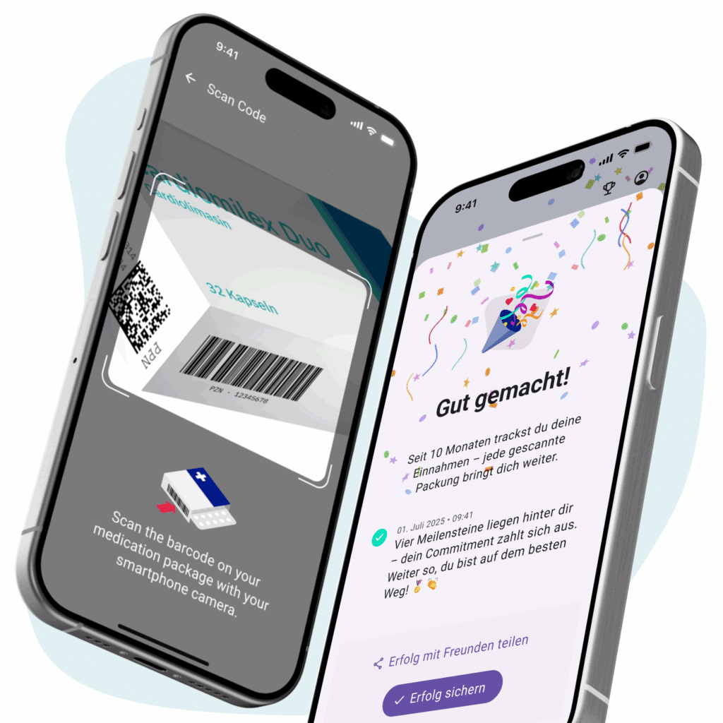 Dieses Bild zeigt zwei überlappende Smartphones: eines mit einem Barcode‑Scan eines Medikamentenpakets und eines mit einem Gut gemacht‑Bildschirm und Konfetti als Symbol für digitale Begleiter, die aus einmaligen Käufen echte Markenerlebnisse machen DiGA Entwicklung Pharma Companion Apps und Digital Therapeutics (DTx)